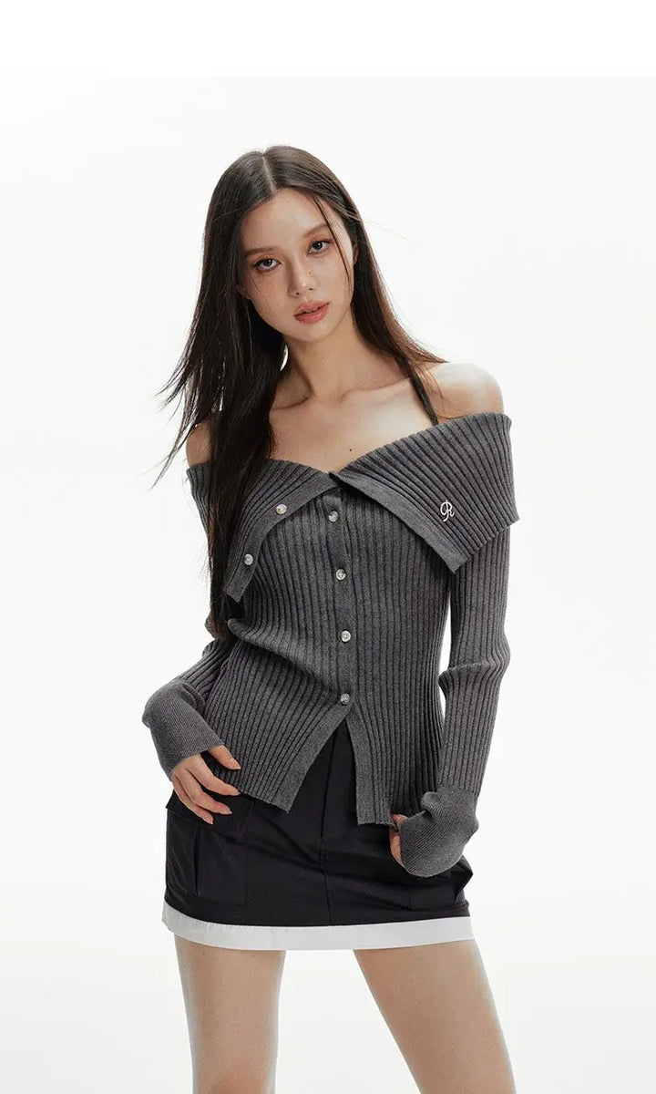 Y2k Off Shoulder Grunge Knit Cardigan Dark Tiger