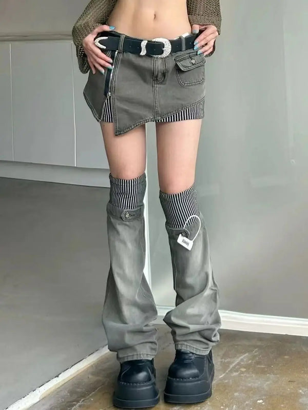 2000s Denim Outfit Set - Mini Skirt & Leg Warmers Dark Tiger