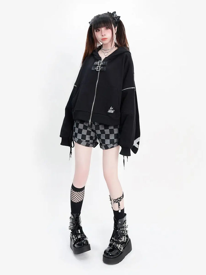 QWEEK Coquette Y2k Bunny Kawaii Zip Up Hoodie Women Japanese Harajuku Cute Rabiit Ear School Student Sweatshirt Hood 2024 Autumn Dark Tiger