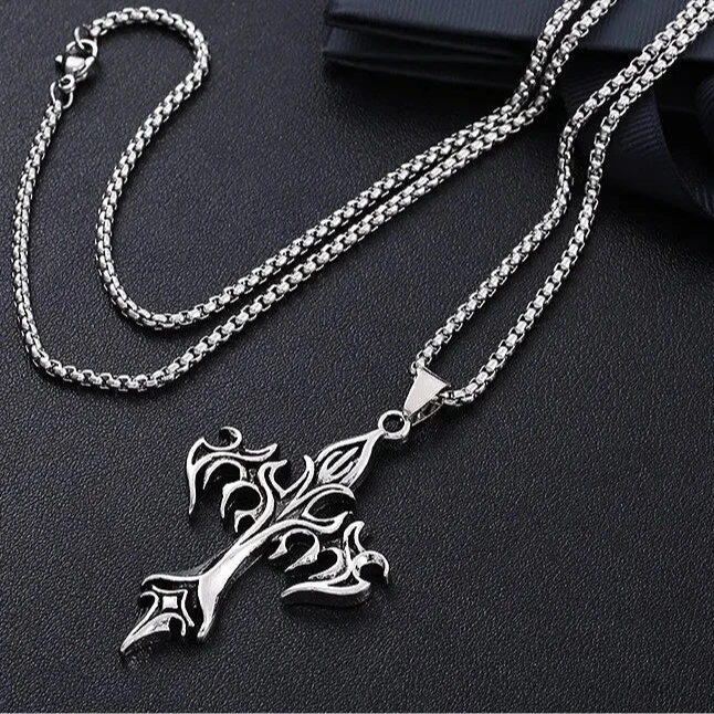 Goth Stainless Steel Flame Cross Dark Tiger