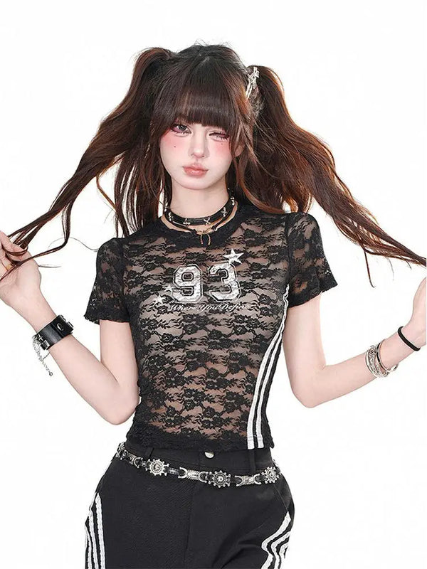 Y2K Transparent Lace T-Shirt Dark Tiger