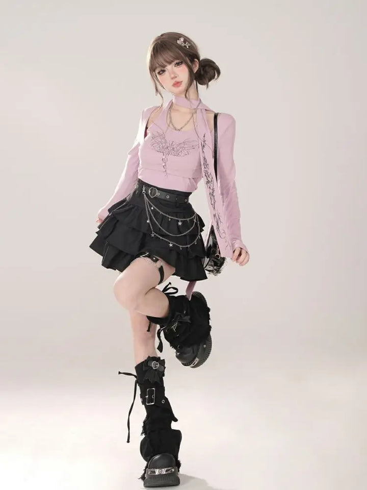 Women Black Gothic A-line Cake Skirt Vintage Y2k Skirt Aesthetic Harajuku Korean Elegant Kawaii Emo Skirts 2000s Trashy Clothes Dark Tiger