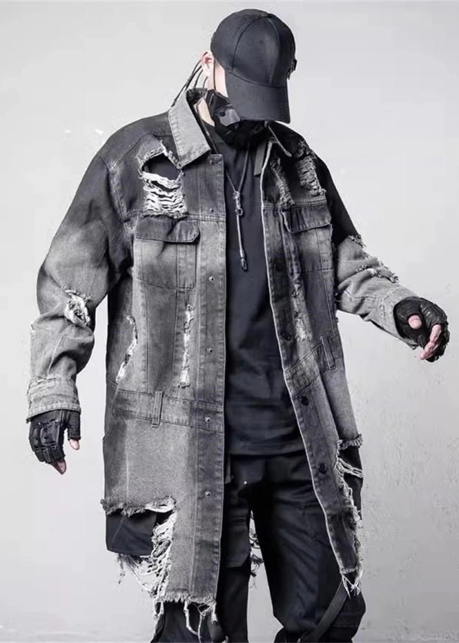 Ripped Long Denim Jacket Dark Tiger