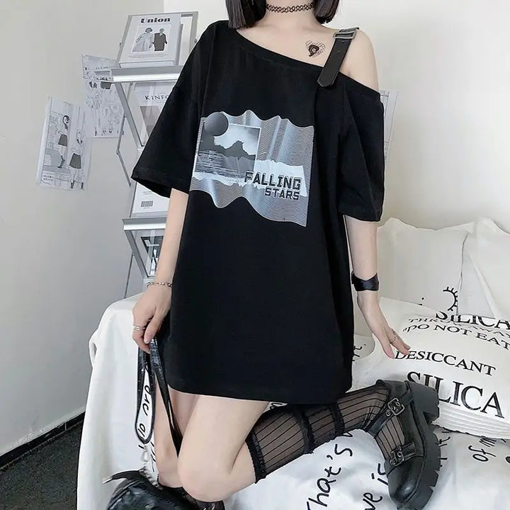 Oversized Off Shoulder Korean T-Shirt Dark Tiger