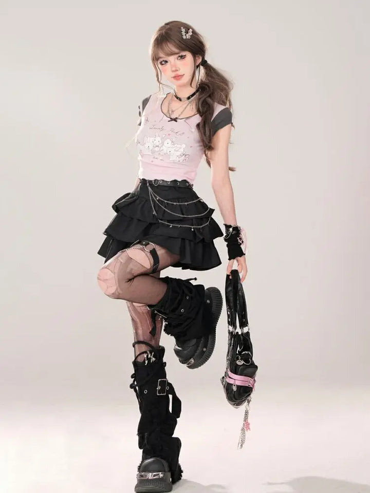 Women Black Gothic A-line Cake Skirt Vintage Y2k Skirt Aesthetic Harajuku Korean Elegant Kawaii Emo Skirts 2000s Trashy Clothes Dark Tiger