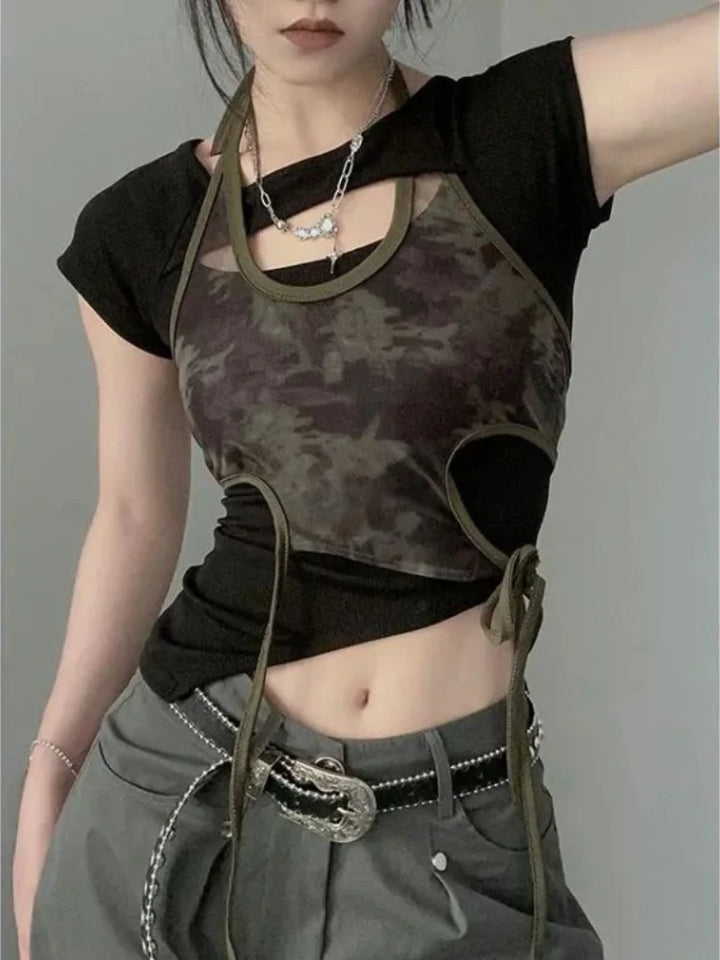 Camouflage Style Outfit Set - Camisole & T-Shirt Dark Tiger