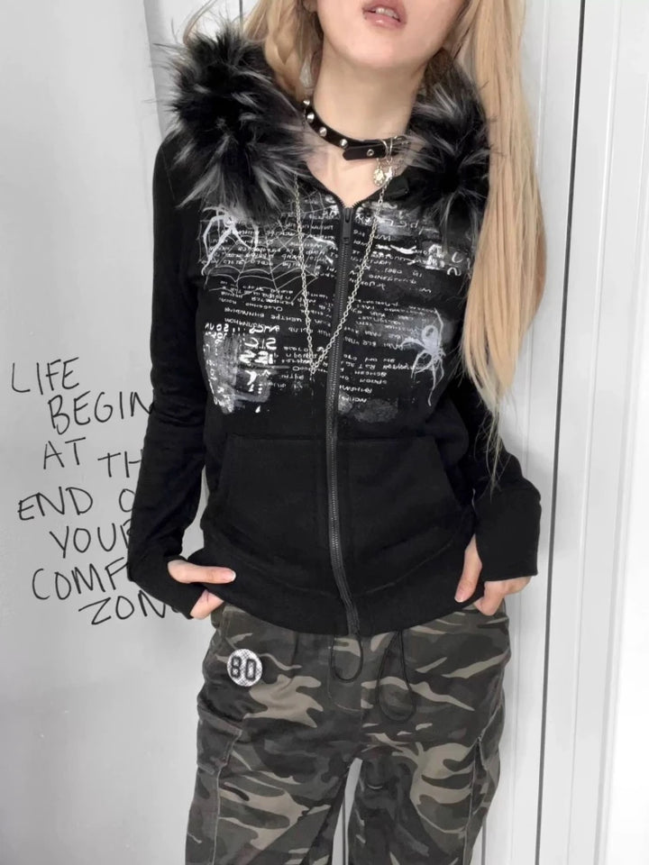 Y2K Grunge Hooded Jacket Dark Tiger