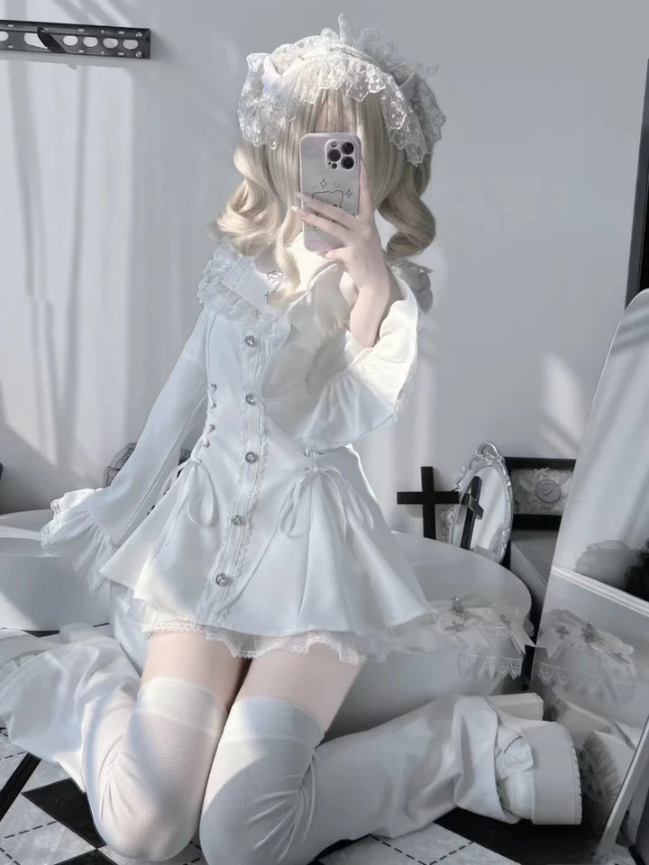 Gothic Vintage Hot Girl Slim Patchwork Dress Women Fashion Lace Skinny Long Sleeve Dresses France Sweet White Clothing New 2025 Dark Tiger