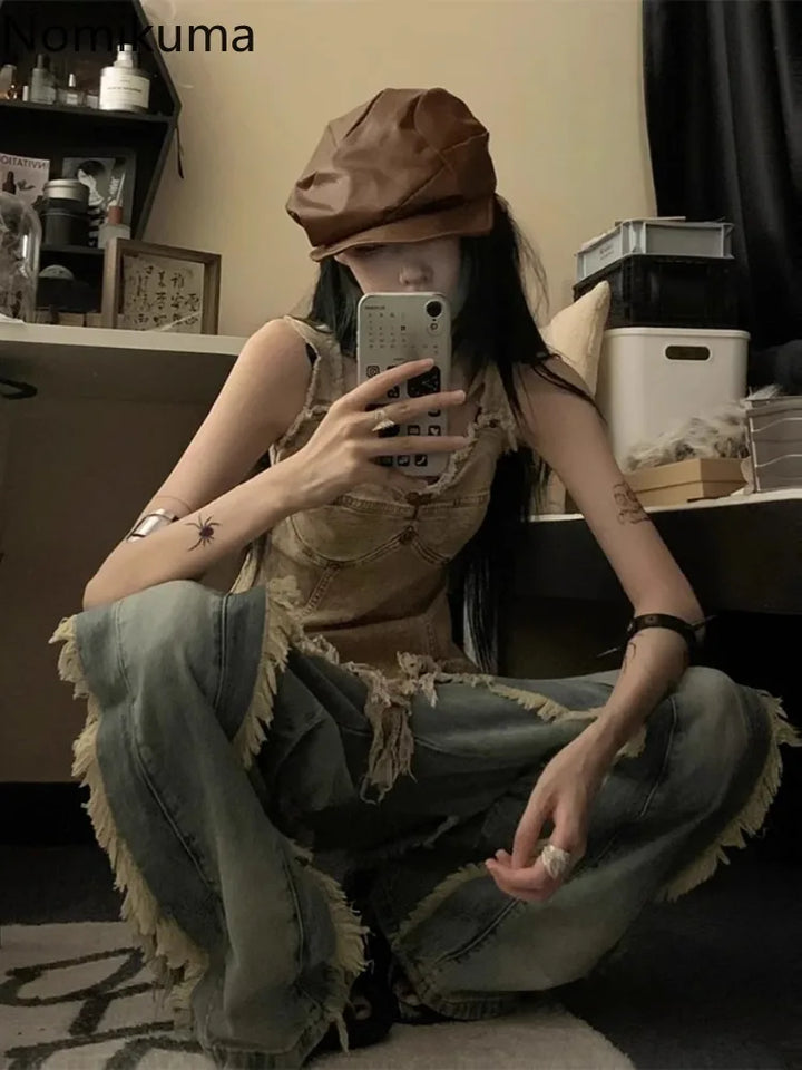 Vintage Washed Denim Top Dark Tiger