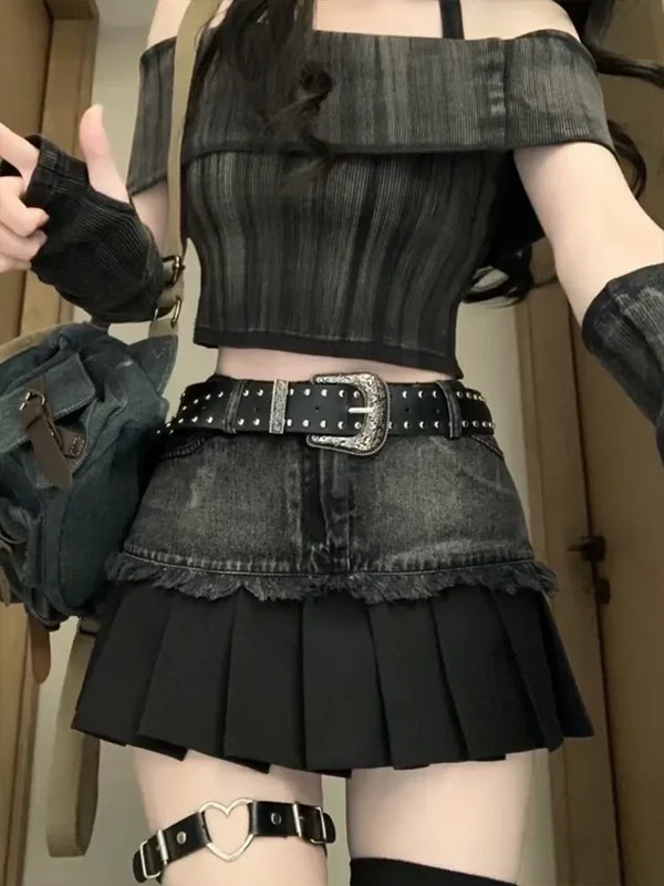 Y2k Gothic Pleated Denim Skirt Dark Tiger