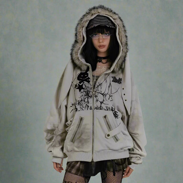 2000s Vintage Zip Hoodie Dark Tiger