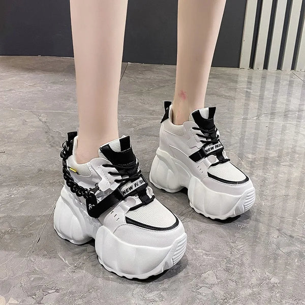 Autumn Spring Woman Platform Shoes Wedge Heel 10CM Casual Shoes Height Increasing White Black Sneakers Women Leather Shoes New Dark Tiger