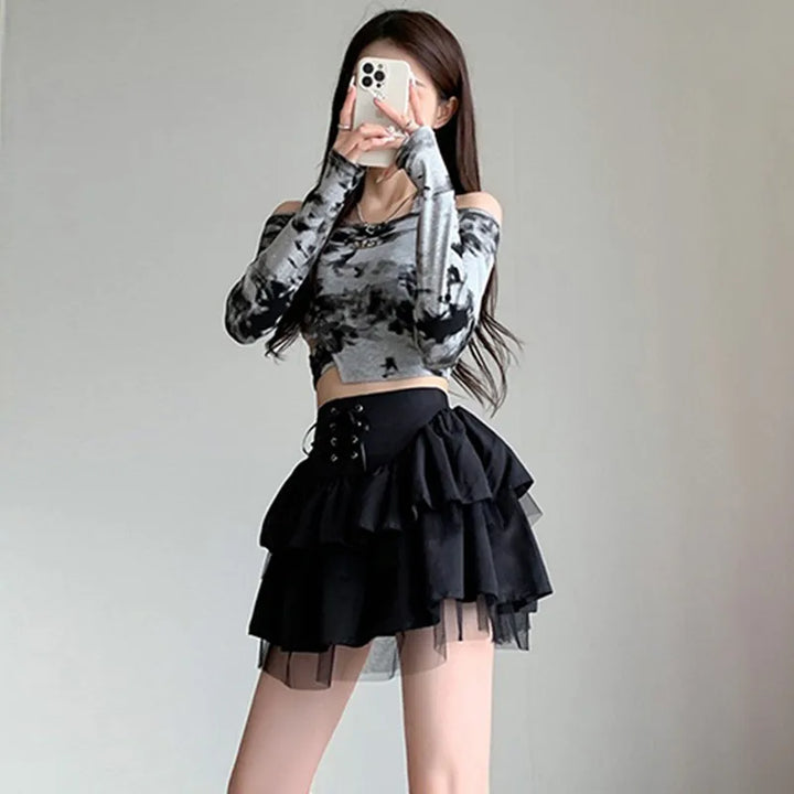 Y2k Multi-Layered Lace Skirt Dark Tiger