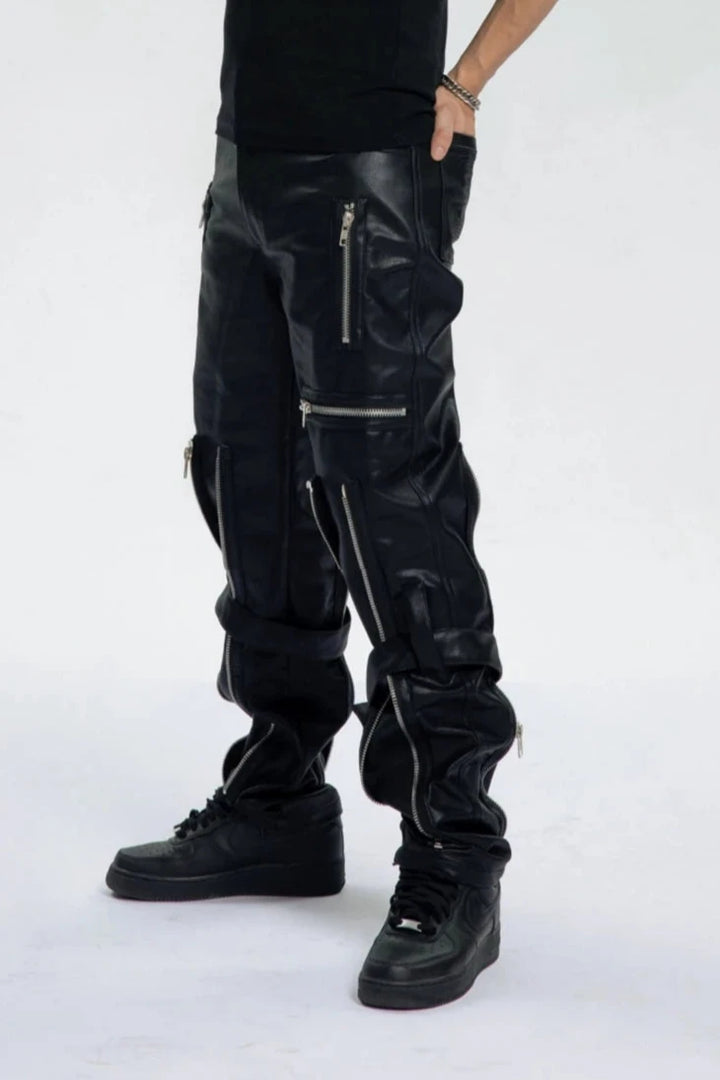 Harajuku Zipper Leather Pants Dark Tiger