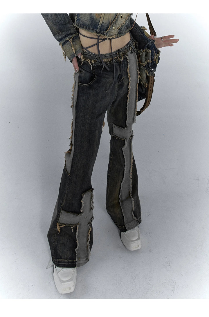 Grunge Distressed Patchwork Jeans Dark Tiger