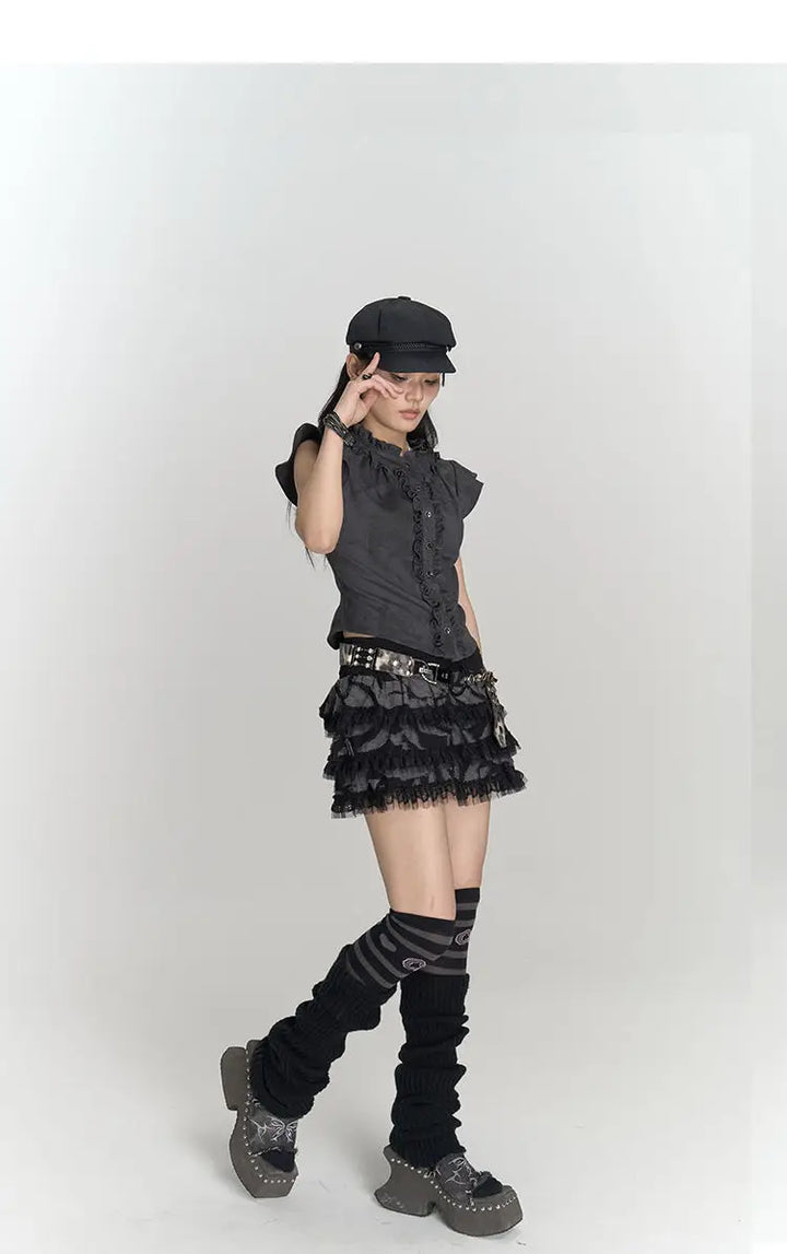 Japanese Flying Sleeve Ruffles Top Dark Tiger