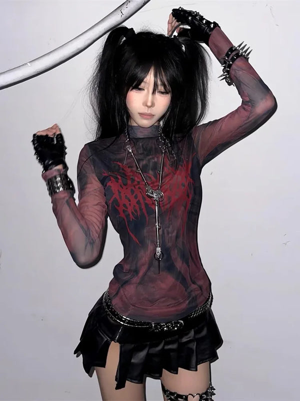 Dark 2000s Mesh Longsleeve Top Dark Tiger