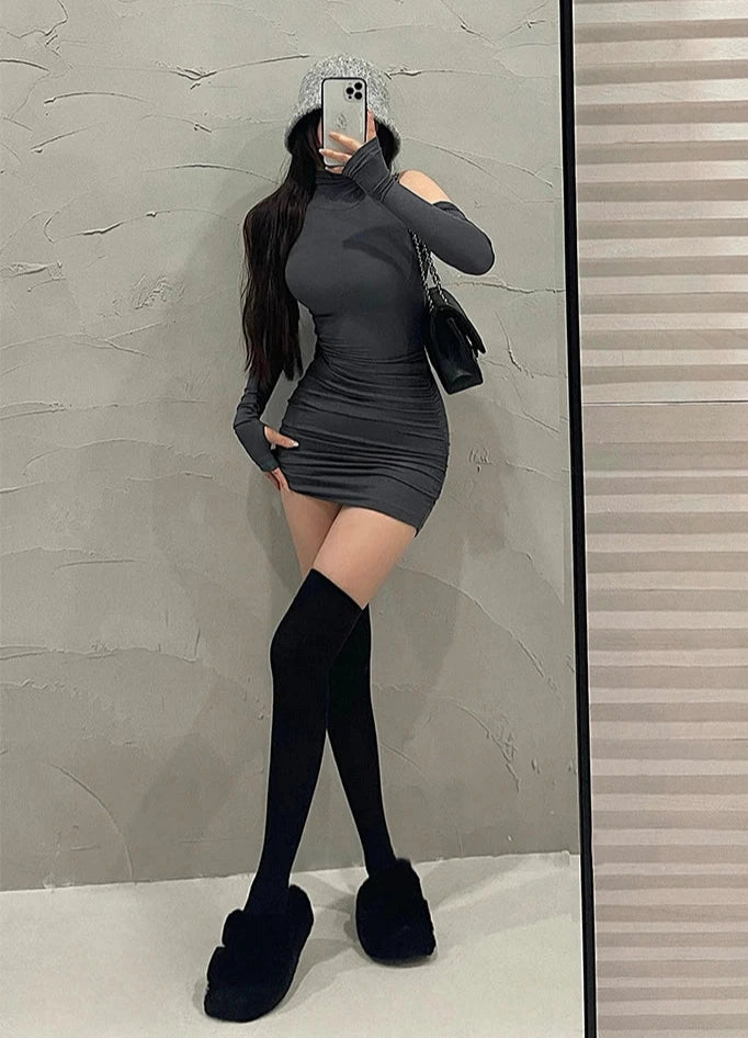 Summer Sexy High Neck Tight Dress Oversleeve Pleated Bottom Wrapped Hip Dress Women Bodycon Dark Tiger