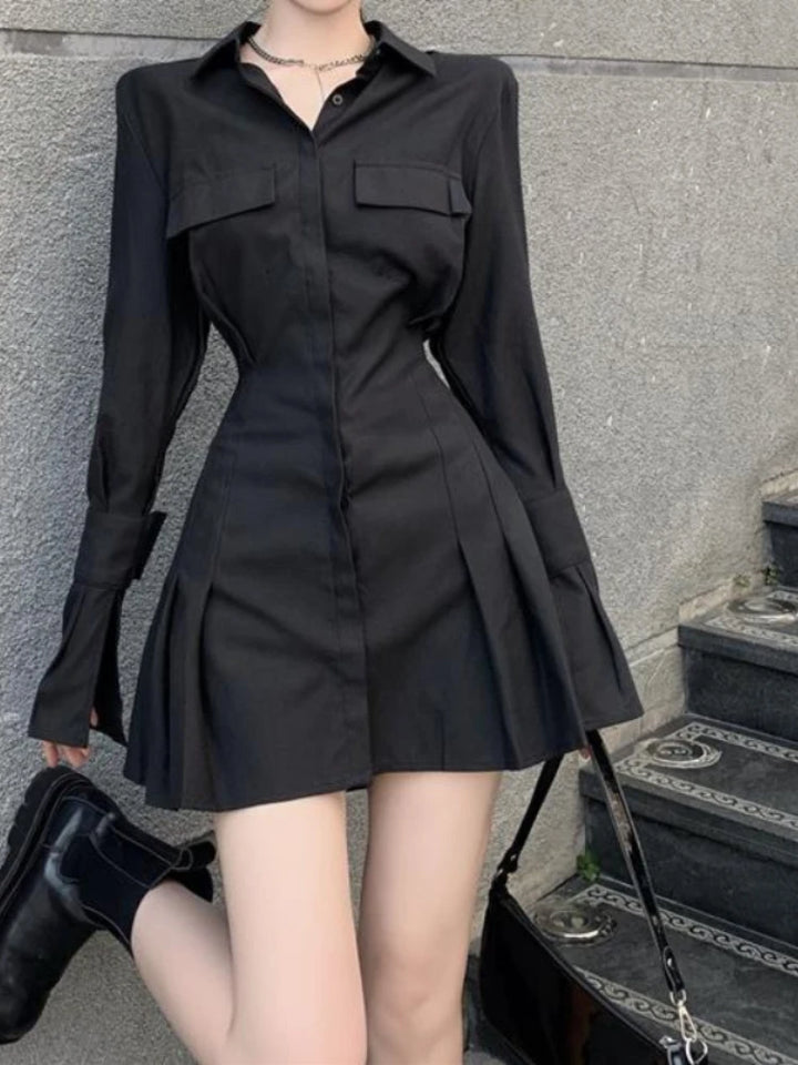 Elegant Pleated Shirt Dress Dark Tiger