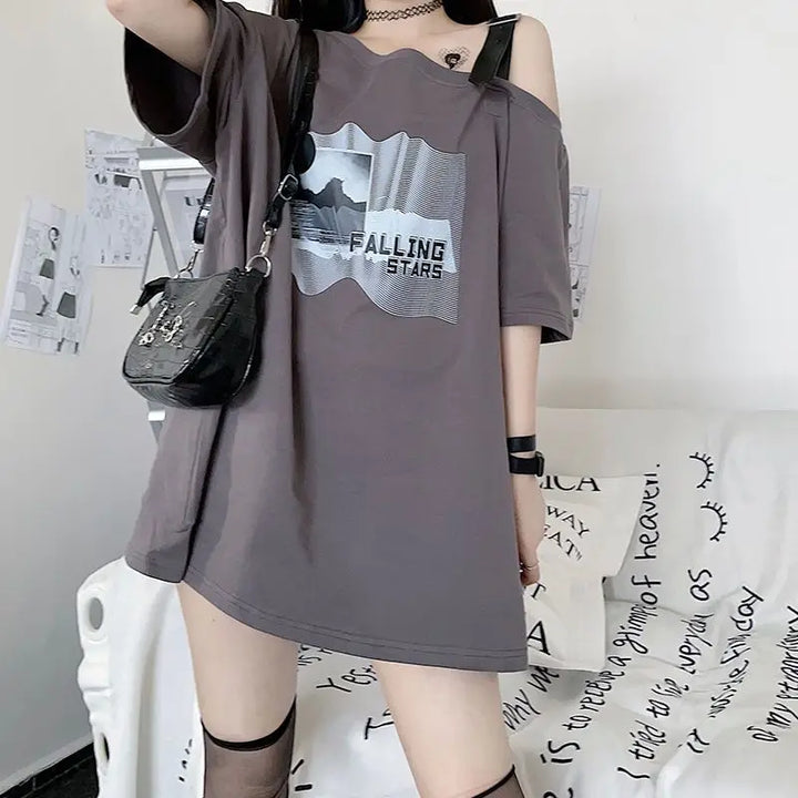 Oversized Off Shoulder Korean T-Shirt Dark Tiger