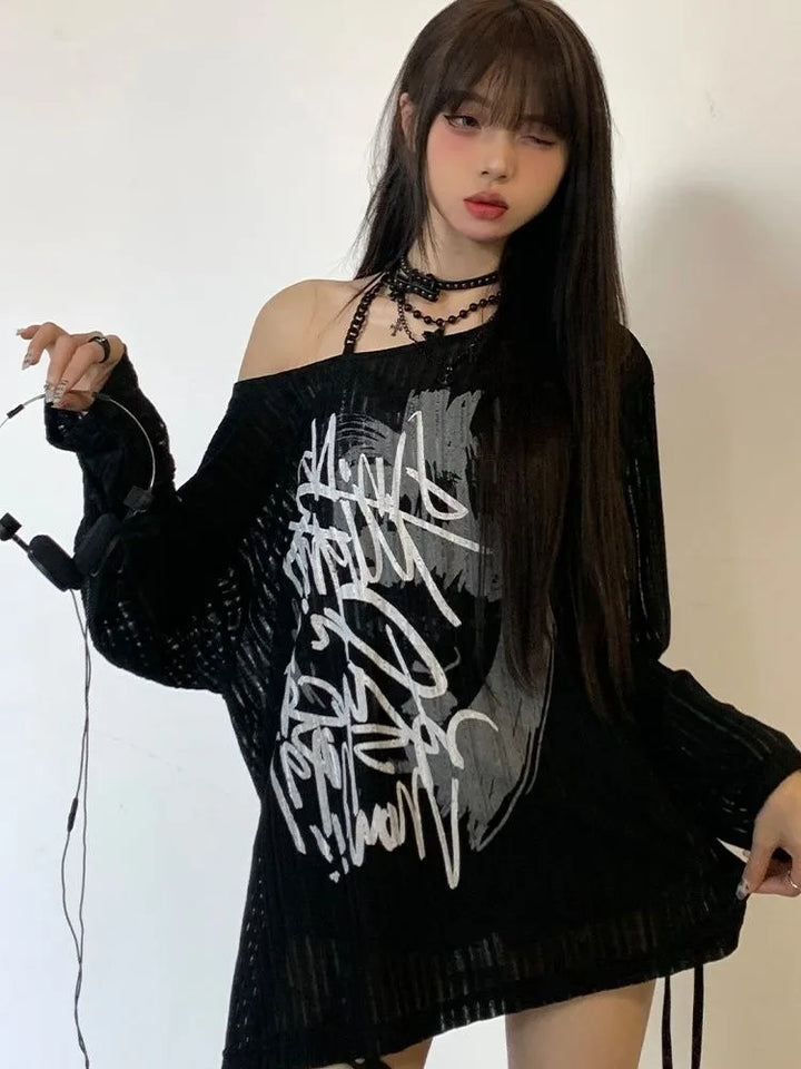 Oversized Off Shoulder Printed Long Sleeve Dark Tiger