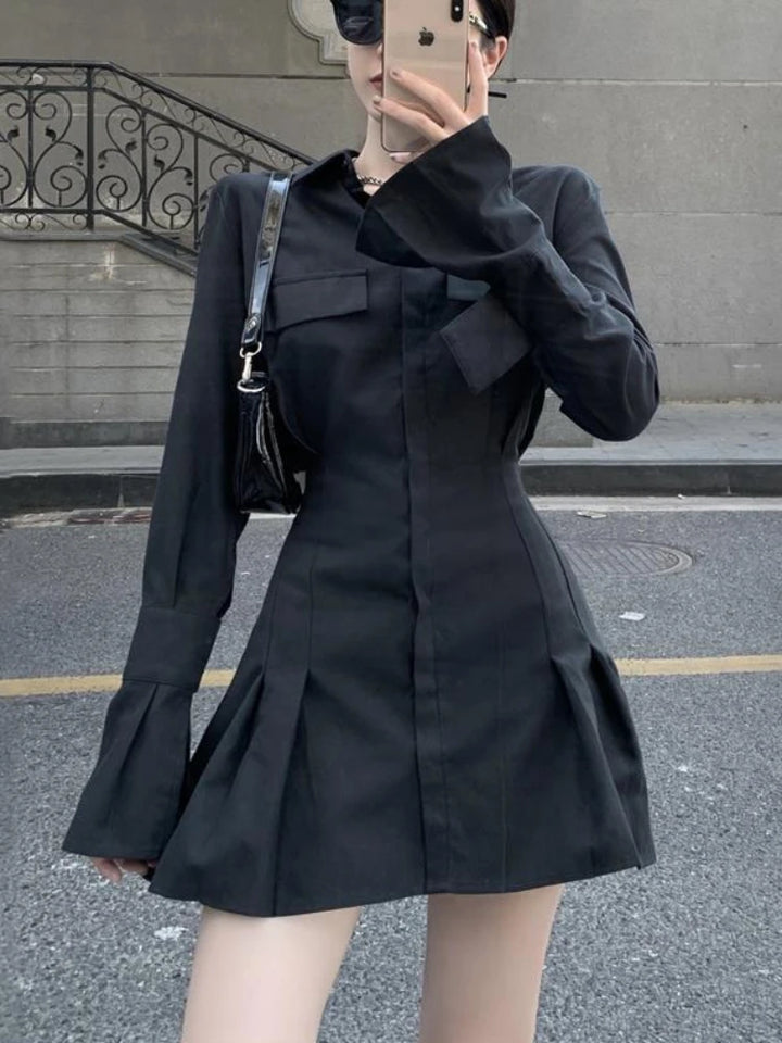 Elegant Pleated Shirt Dress Dark Tiger