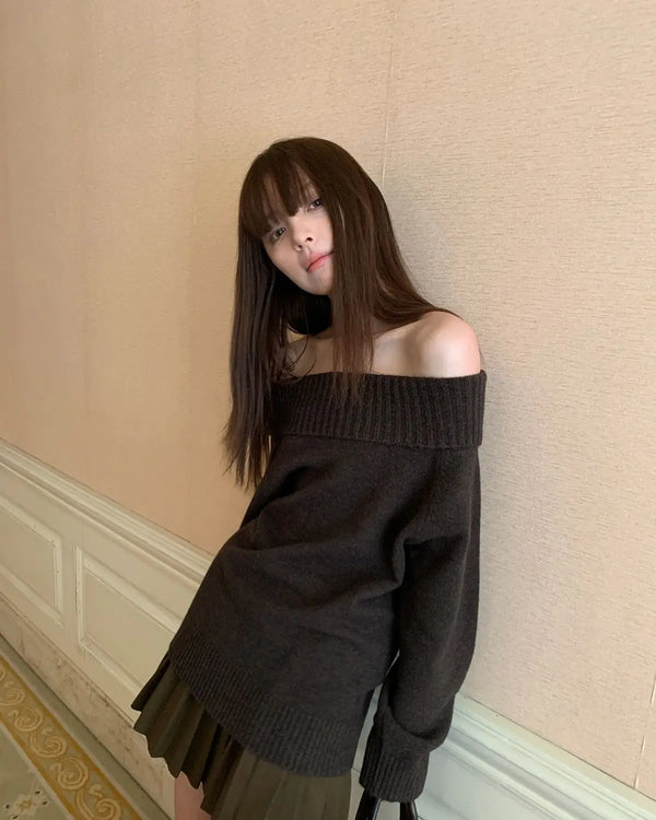 Y2k Off Shoulder Sweater Dark Tiger