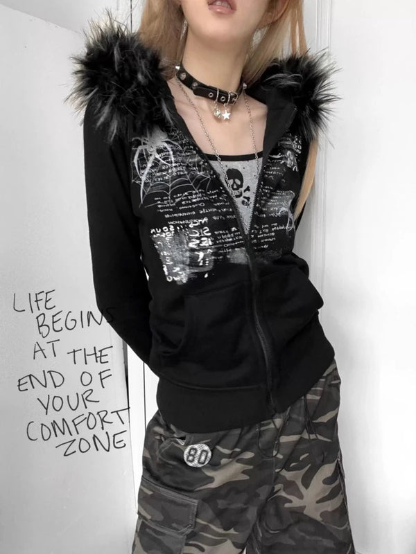 Y2K Grunge Hooded Jacket Dark Tiger