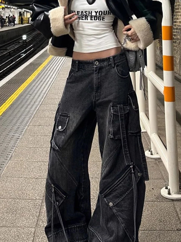 Y2K Washed Baggy Cargo Jeans Dark Tiger