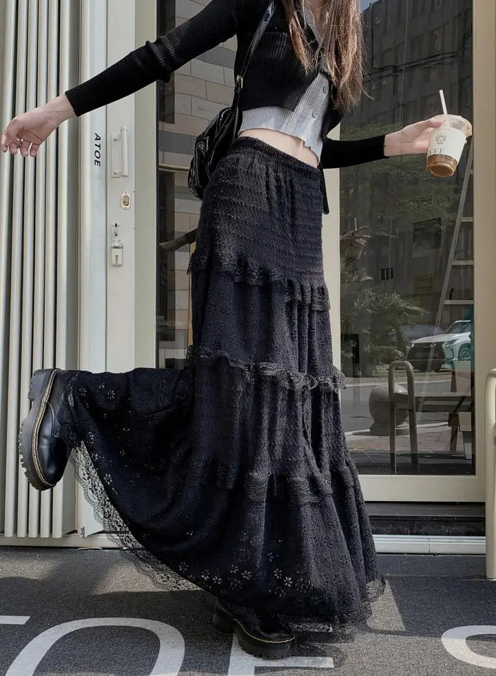 Vintage Long Ruffles Lace Skirt Dark Tiger