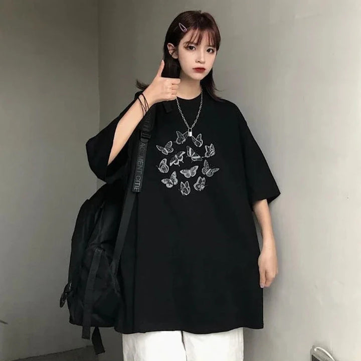 Vintage Women T Shirt Cute Butterfly Print Harajuku Gothic Y2K Black Short Sleeve Oversized T-shirt Kawaii Casual Aesthetic Tops Dark Tiger