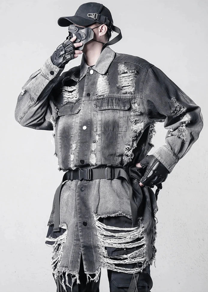 Ripped Long Denim Jacket Dark Tiger