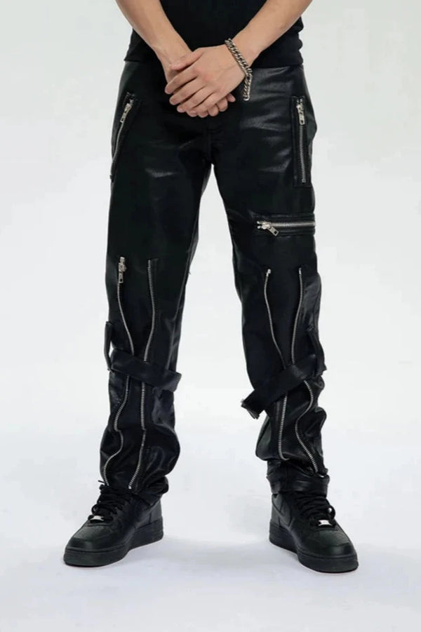 Harajuku Zipper Leather Pants Dark Tiger