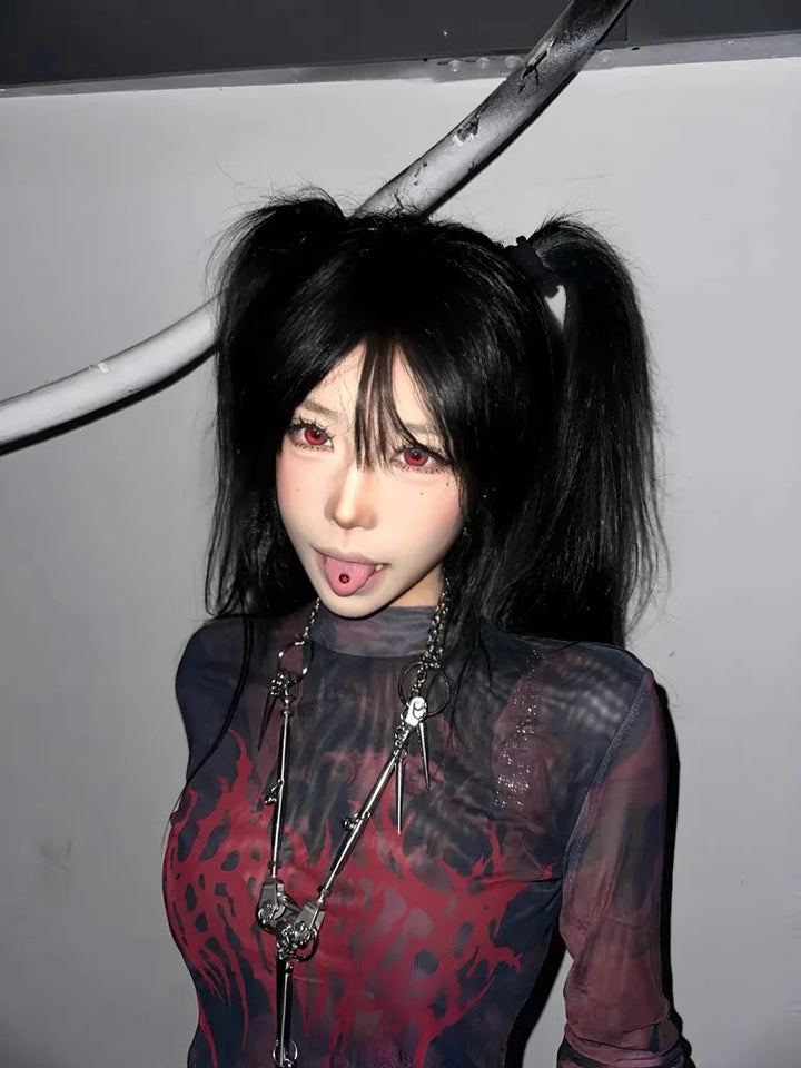 Dark 2000s Mesh Longsleeve Top Dark Tiger