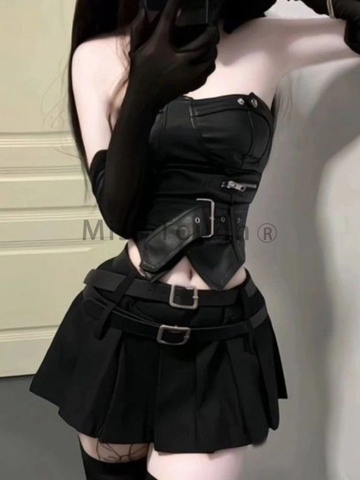 Sweet Y2K Outfit Set - Leather Top & Mini Skirt Dark Tiger