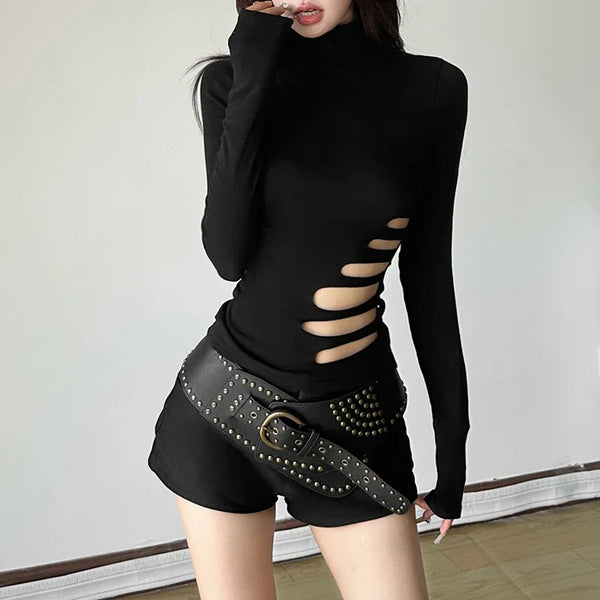 Goth Dark Alt Techwear Autumn Chic Y2k High Neck Long Sleeve Pullover Tops Sexy Hollow Out Solid T-shirt Women Slim Gothic Cloth Dark Tiger