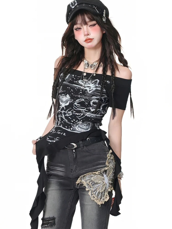 Y2K Print Off-Shoulder T-Shirt Dark Tiger