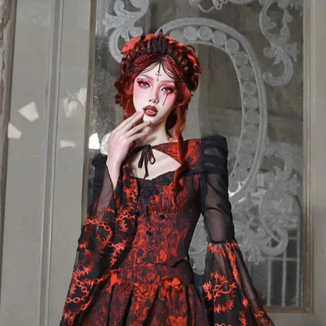 Gothic Red Lace Outfit Set - Blouse & Skirt Dark Tiger