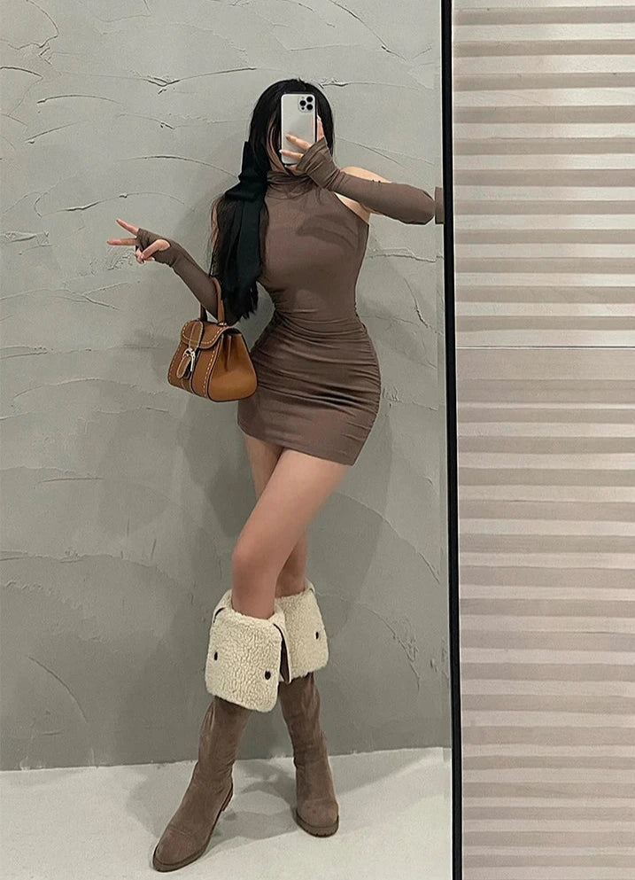 Summer Sexy High Neck Tight Dress Oversleeve Pleated Bottom Wrapped Hip Dress Women Bodycon Dark Tiger
