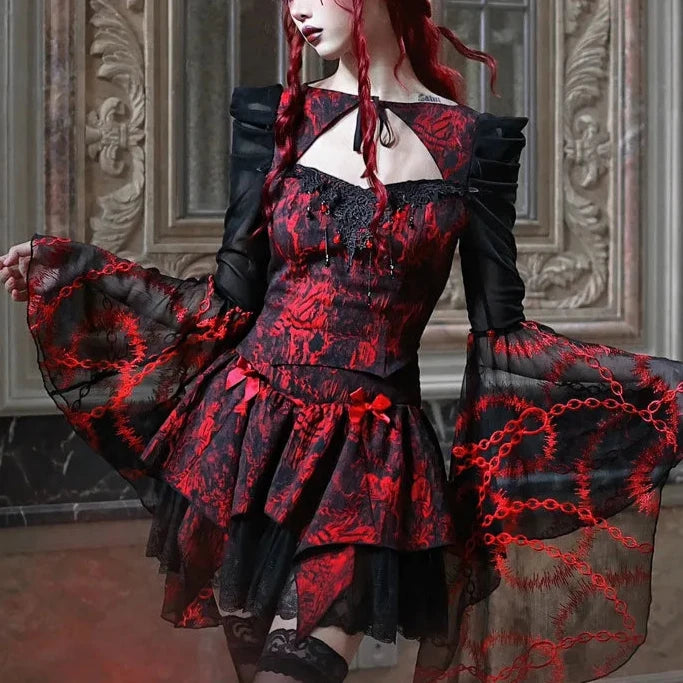 Gothic Red Lace Outfit Set - Blouse & Skirt Dark Tiger