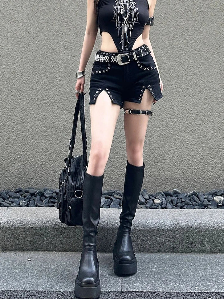 Punk Low Waist Denim Shorts Dark Tiger