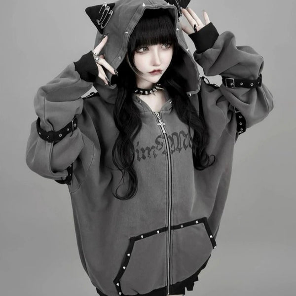 Y2k Aesthetic Letter Print Punk Hoodies Women Grunge Loose Pocket Oversized Hoody Harajuku Casual Streetwear Zipper Sweatshirts Dark Tiger