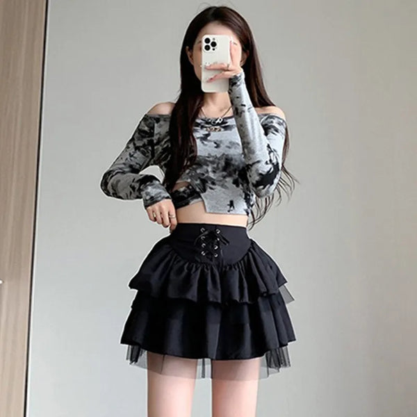 Y2k Multi-Layered Lace Skirt Dark Tiger