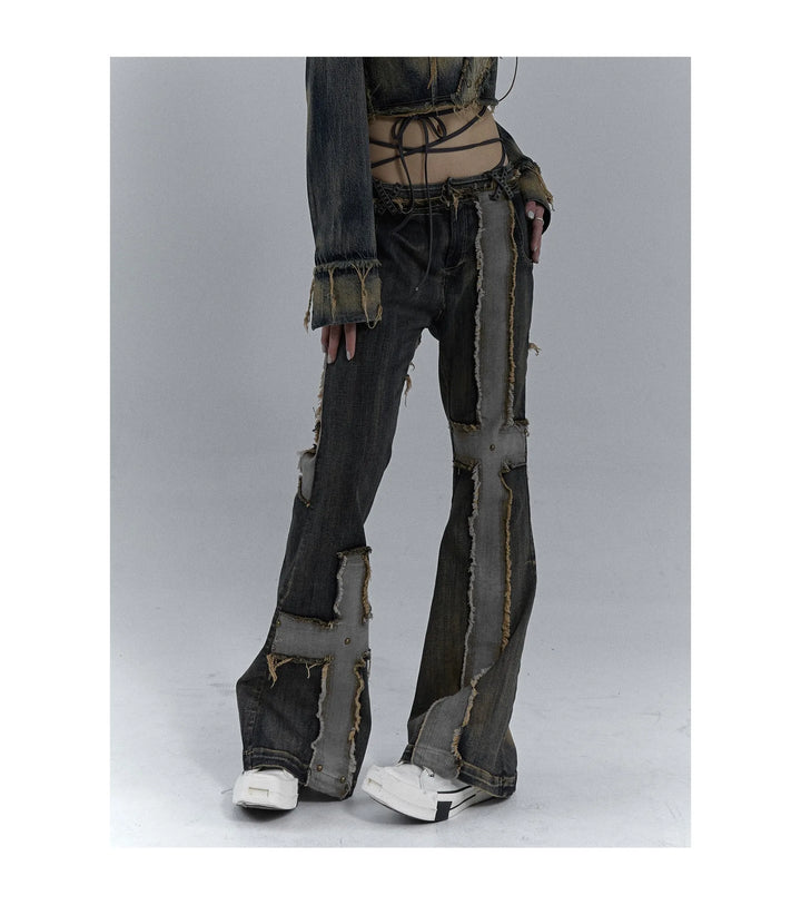 Grunge Distressed Patchwork Jeans Dark Tiger