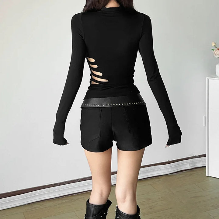 Goth Dark Alt Techwear Autumn Chic Y2k High Neck Long Sleeve Pullover Tops Sexy Hollow Out Solid T-shirt Women Slim Gothic Cloth Dark Tiger
