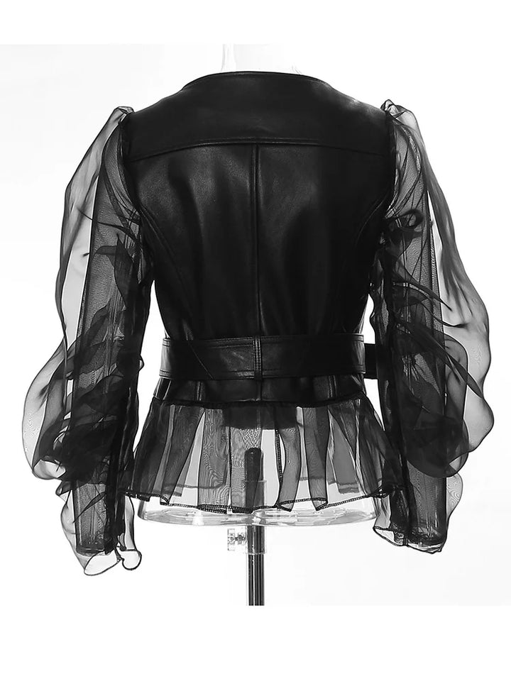 Sheer Ruffle Eco Leather Moto Jacket Dark Tiger