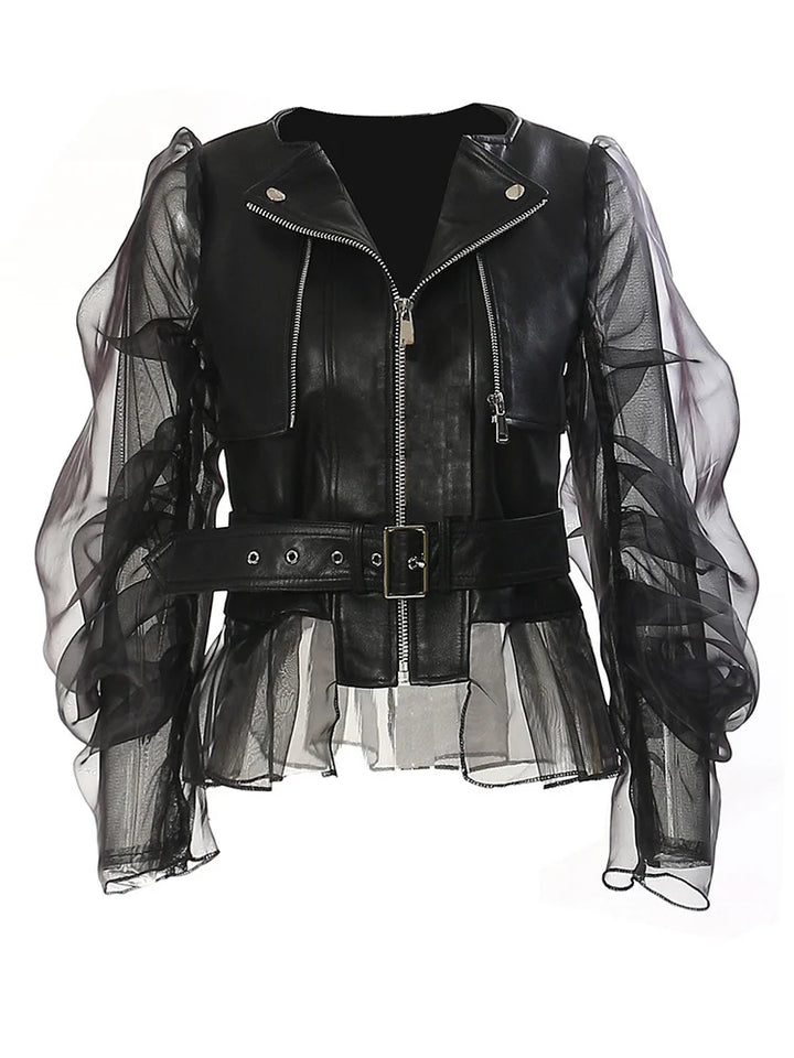 Sheer Ruffle Eco Leather Moto Jacket Dark Tiger