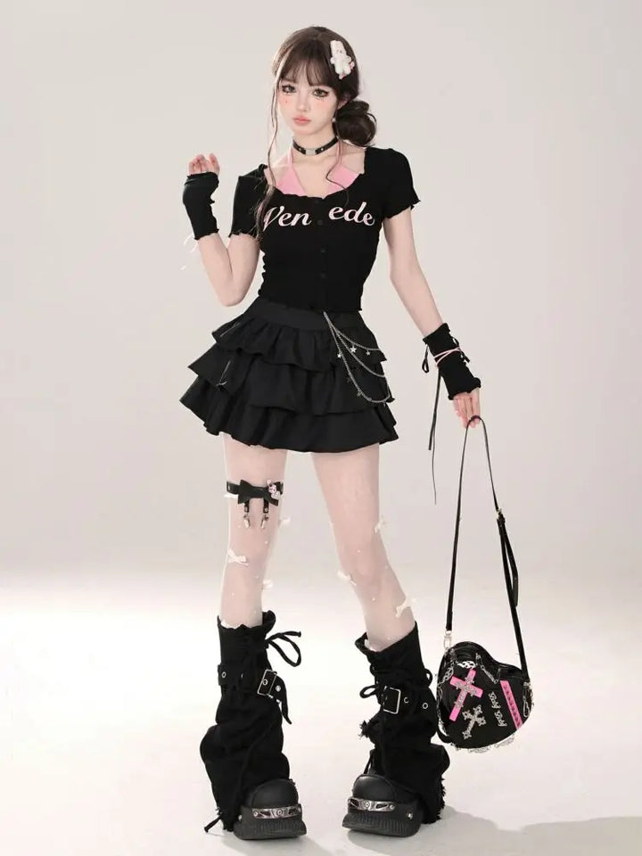 Women Black Gothic A-line Cake Skirt Vintage Y2k Skirt Aesthetic Harajuku Korean Elegant Kawaii Emo Skirts 2000s Trashy Clothes Dark Tiger
