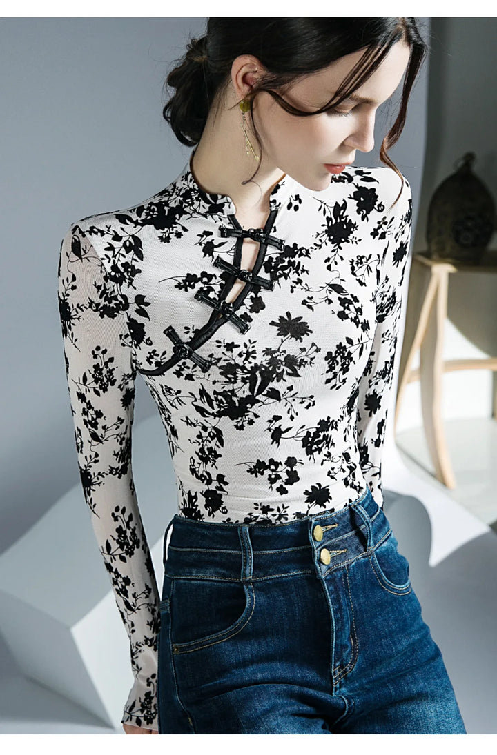 Chinese Stand Collar Long Sleeve Top Dark Tiger