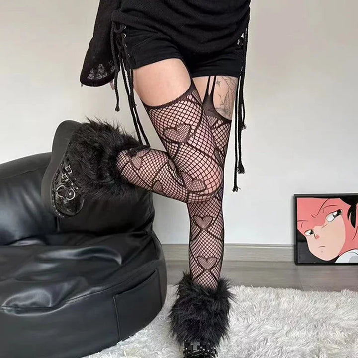 Y2K Love Heart Fishnet Stockings Sweet Girl Pantyhose Nude Women Sexy Suspender Tights JK Lolita Cosplay Party Lace Stockings Dark Tiger